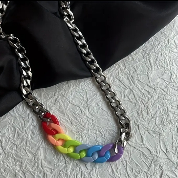 New! MEN'S LBGTQ+ Titanium Steel & Resin Rainbow Curb Link Necklace. - Picture 3 of 3